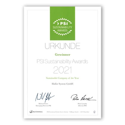 2021 Halfar won the Sustainable Company of the Year at the PSI Sustainability Awards
