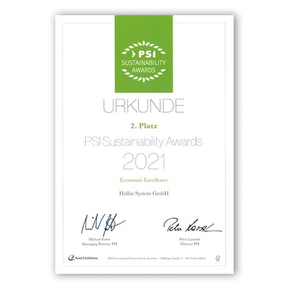 2021 Halfar took second place in the "Economic Excellence" category of the PSI Sustainability Awards