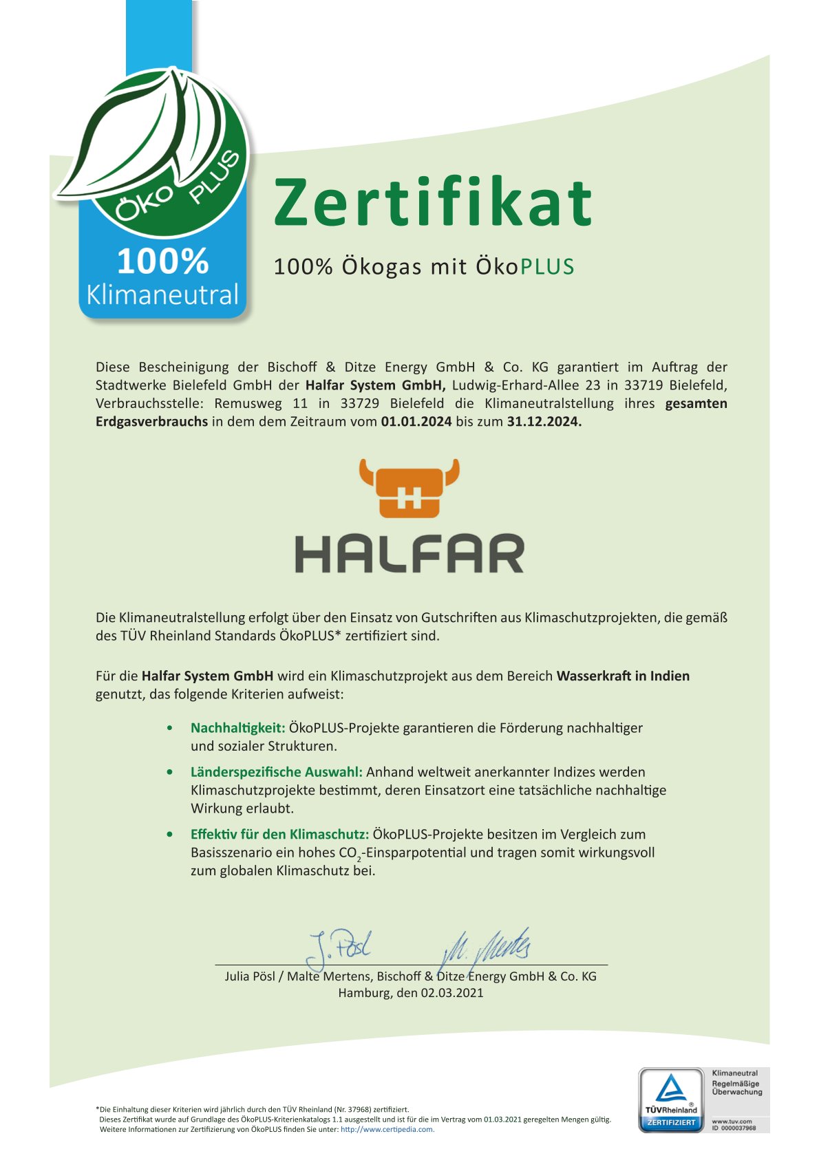 Halfar has Ökogas with ÖkoPLUS certification