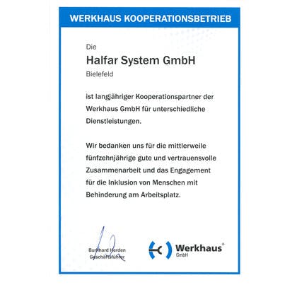 Cooperation with Werkhaus Bielefeld since 2002 Halfar has been cooperating with Werkhaus Bielefeld since 2002