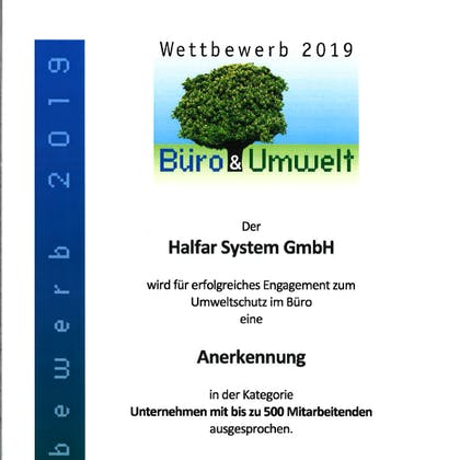 Halfar received a certificate for successful commitment to environmental protection in the office in 2019