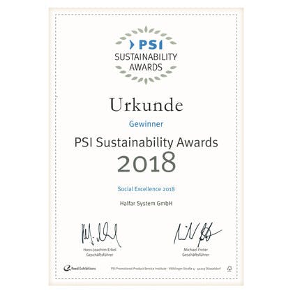 Halfar won the "Social Excellence" category at the PSI Sustainability Awards in 2018