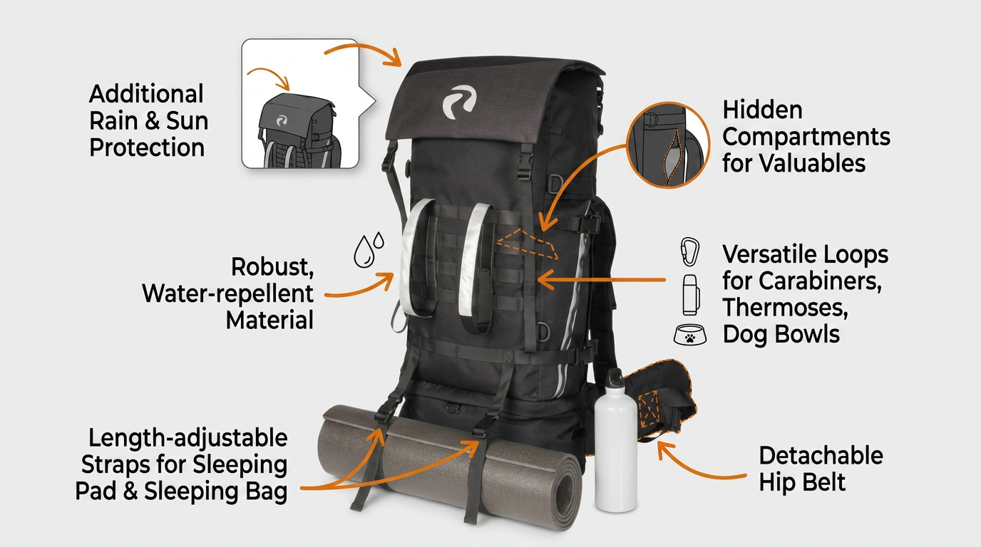 Rambler Backpack, outdoor backpack with rolltop and attachment loops