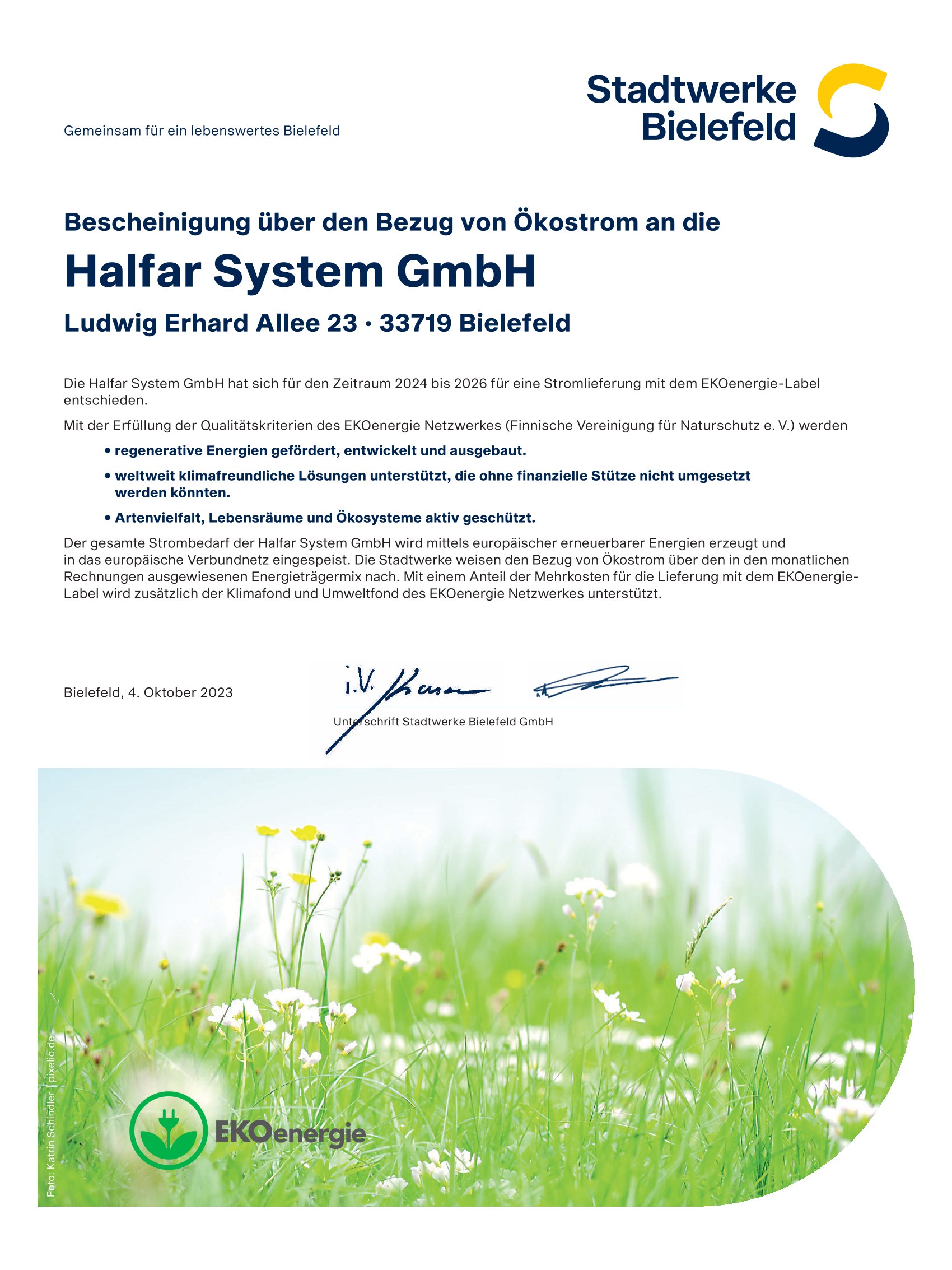 Halfar draws green electricity from the Bielefeld municipal utility company
