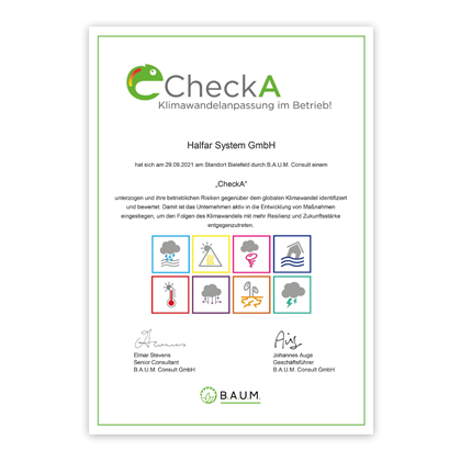 CheckA with B.A.U.M. Consult At a workshop together with B.A.U.M. Consult, the CheckA worked out what consequences and risks climate change could have on the Halfar sites in Bielefeld