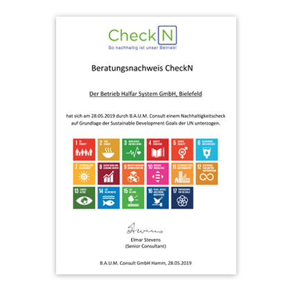 CheckN In May 2019, our measures in relation to the UN Sustainable Development Goals were reviewed by B.A.U.M. Consult GmbH.
