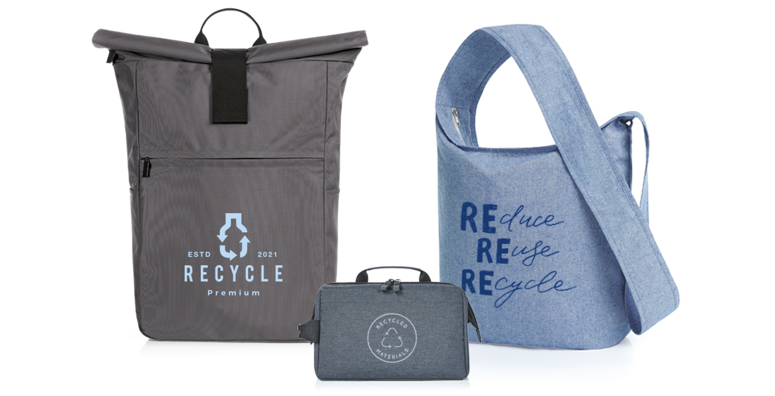 Sustainable promotional bags presented as a shopper to a laptop backpack