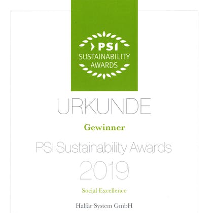 Halfar won the "Social Excellence" at the PSI Sustainability Awards in 2019