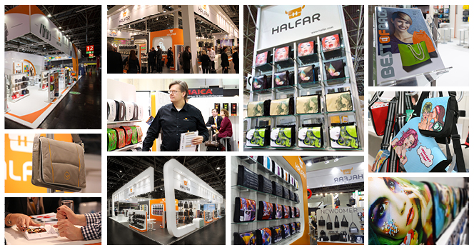 Halfar trade fair booth, bags and promotional products at PSI exhibition