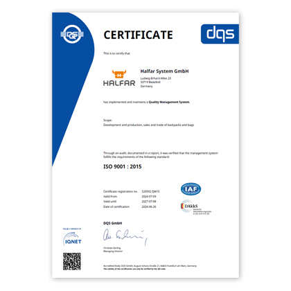 Halfar was recertified ISO 9001:2015 in 2024